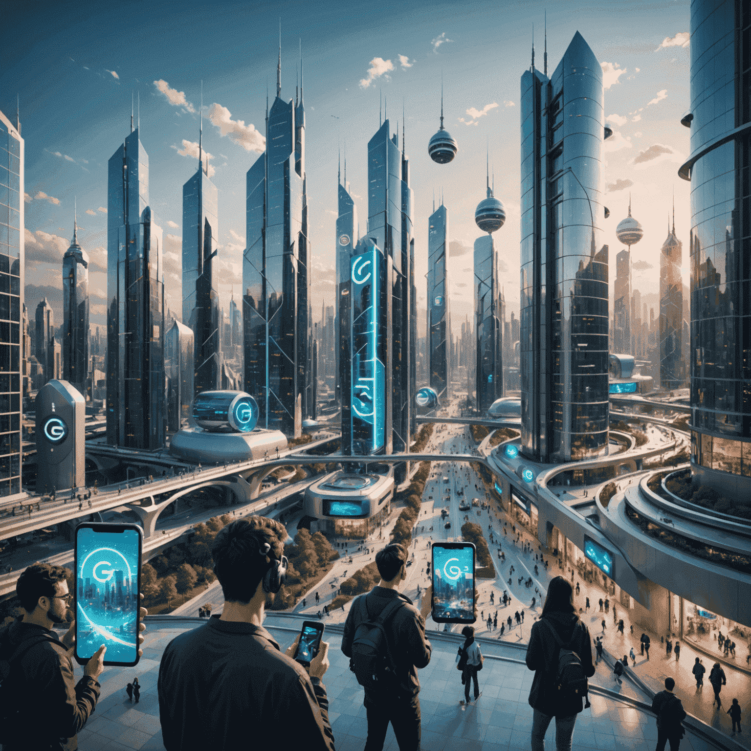 A futuristic cityscape with 5G towers and people using smartphones, symbolizing the widespread deployment of 5G technology