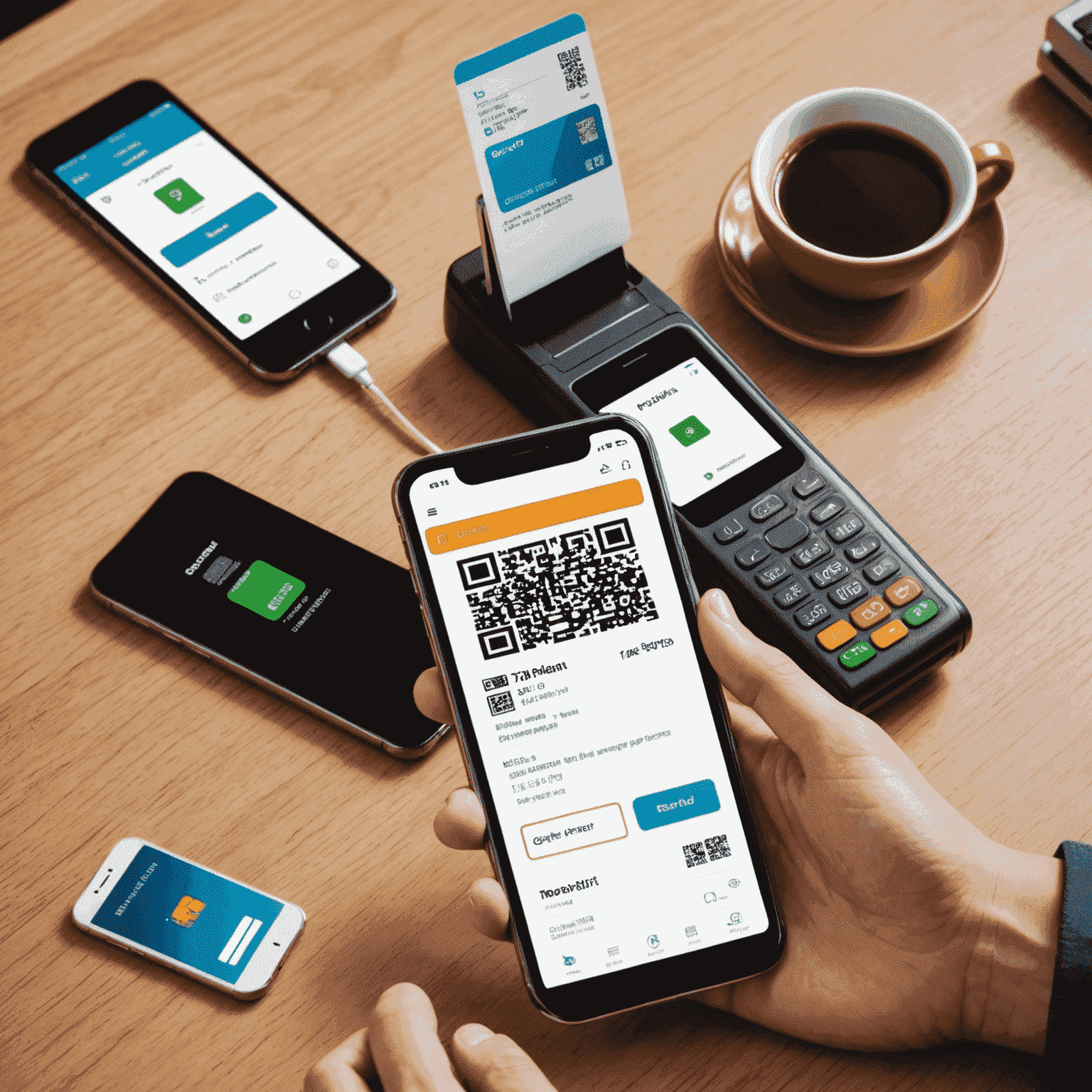 Various digital payment methods for mobile recharges, including smartphones displaying payment apps, contactless cards, and QR codes