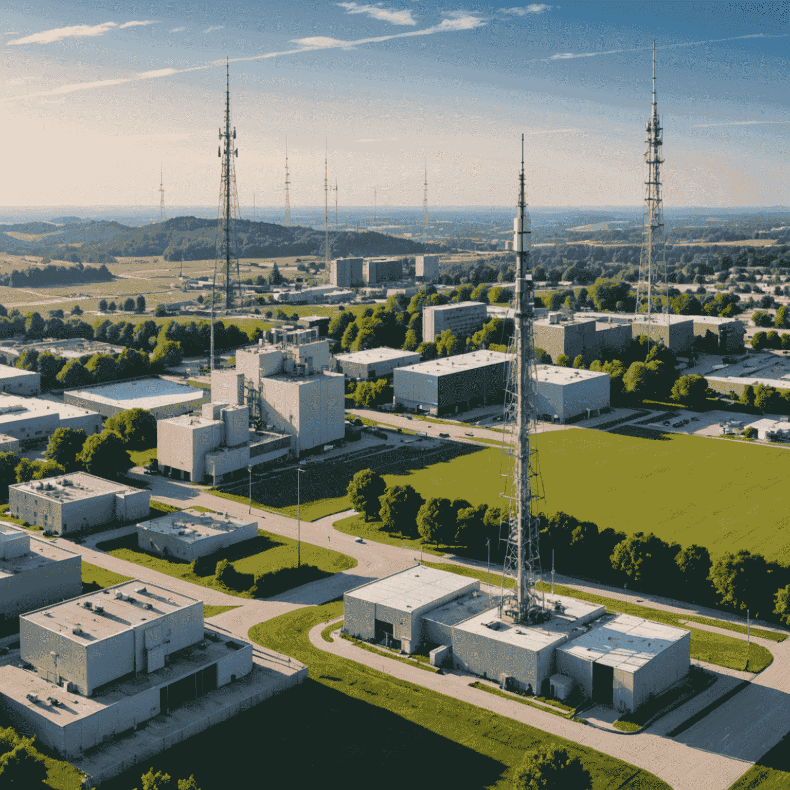 A split image showing 5G antennas in an urban setting on one side and a rural landscape with a distant cell tower on the other, illustrating the contrast in 5G deployment