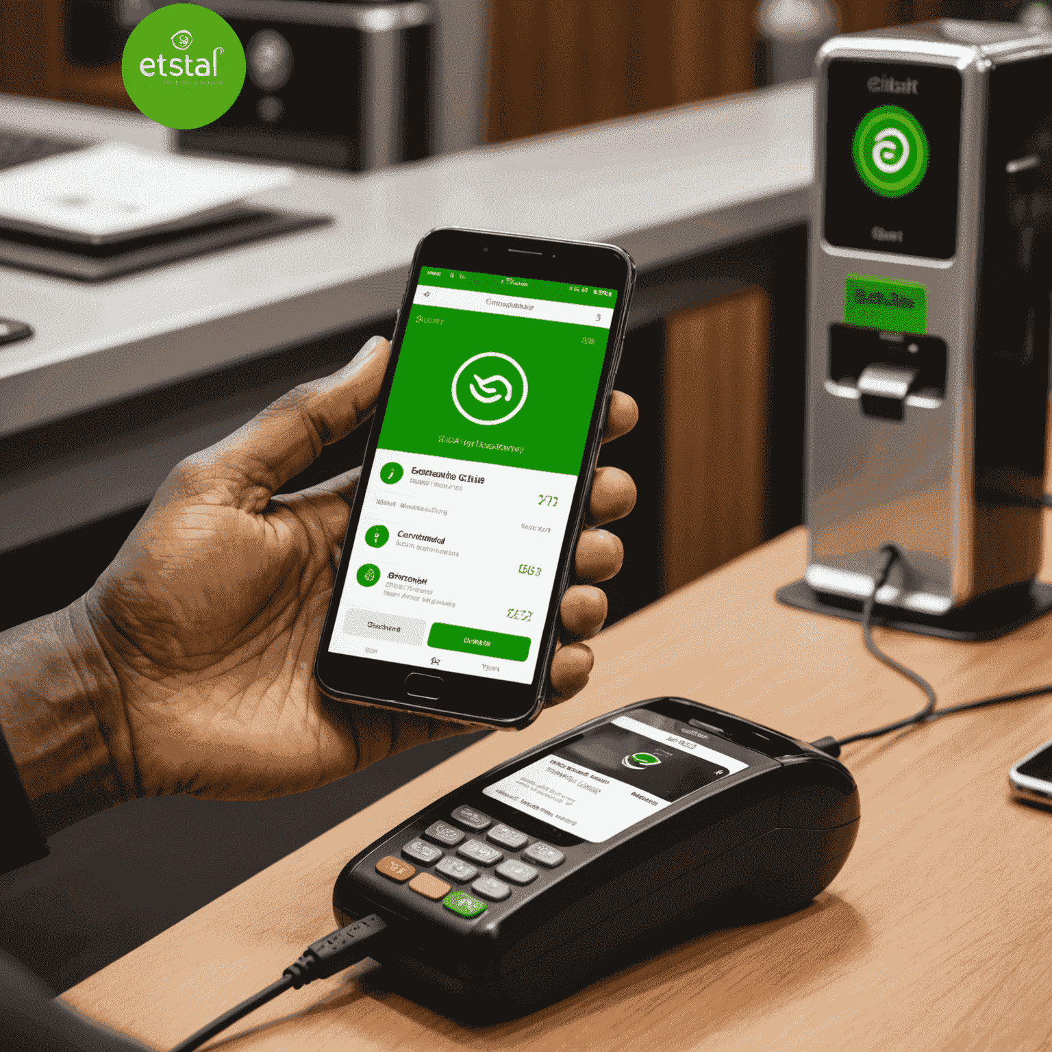 A person using a smartphone to recharge their Etisalat mobile credit through a digital payment app, with graphics showing the flow of the transaction