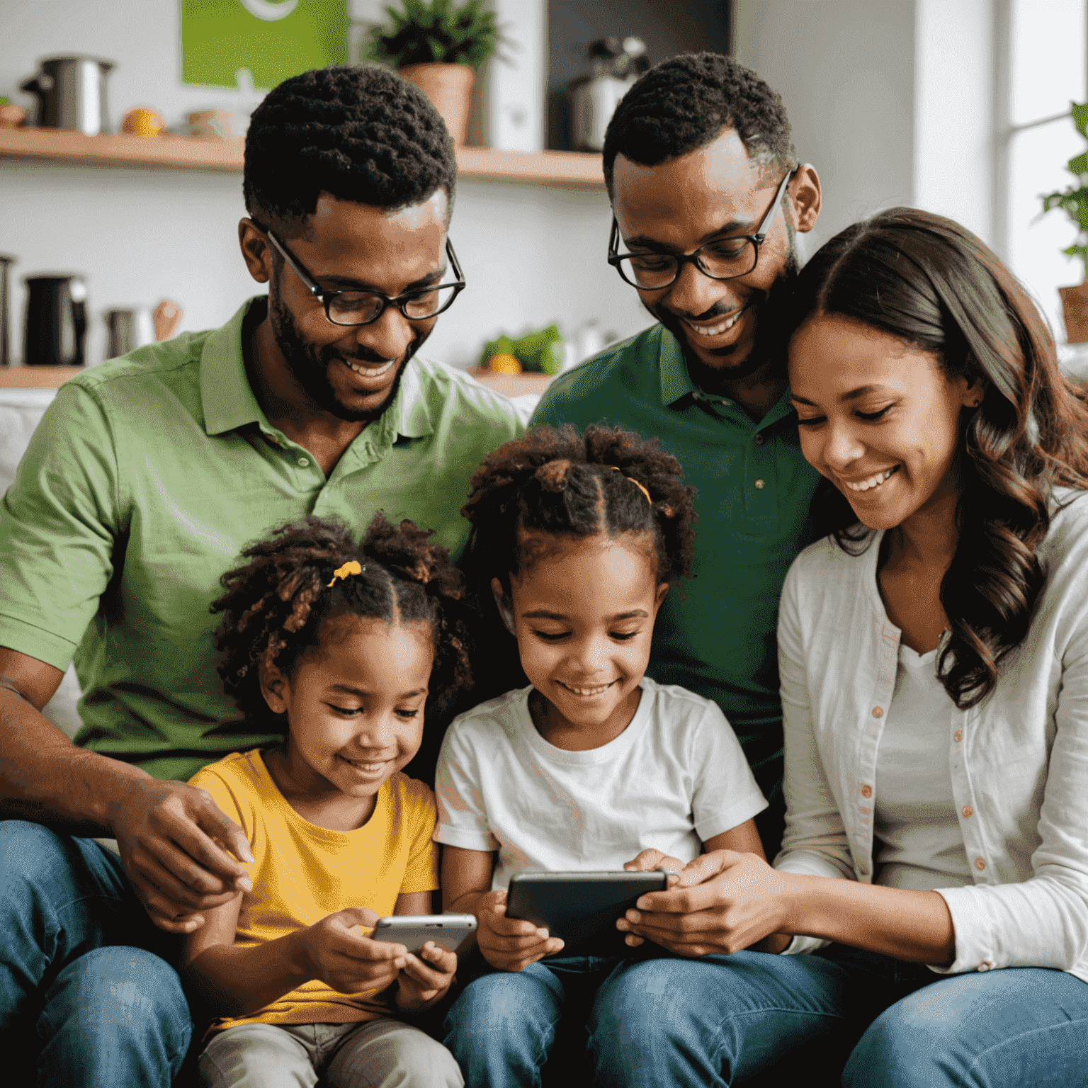 A happy family using various mobile devices, representing Etisalat's Family Bundle offer